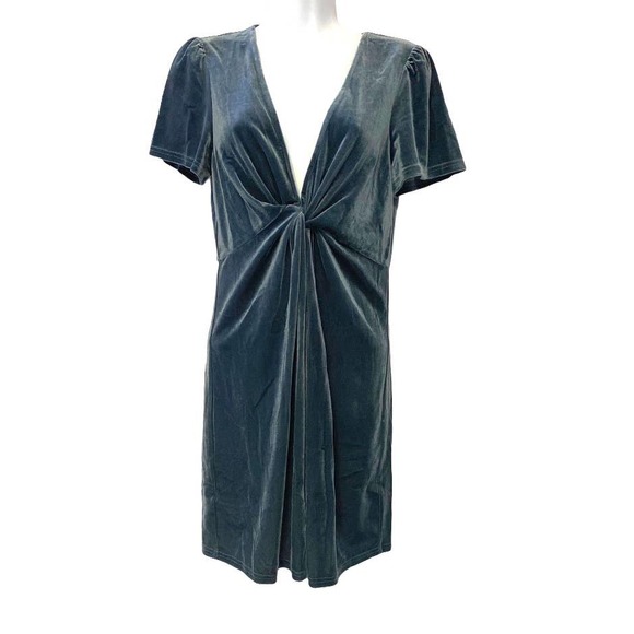 Aqua Blue-Gray Velvet Shimmer Stretch Deep V-Neck Plunge Cocktail Party Dress - Picture 2 of 13